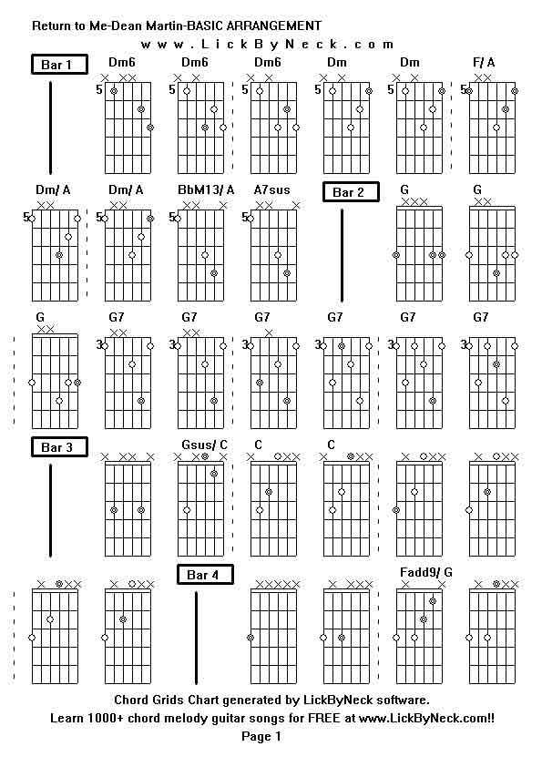 Chord Grids Chart of chord melody fingerstyle guitar song-Return to Me-Dean Martin-BASIC ARRANGEMENT,generated by LickByNeck software.